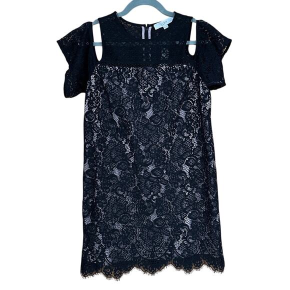 LOFT Petites 8P Black Lace Cold Shoulder Dress Scallop Hem Lined Cocktail NWT - Picture 1 of 8